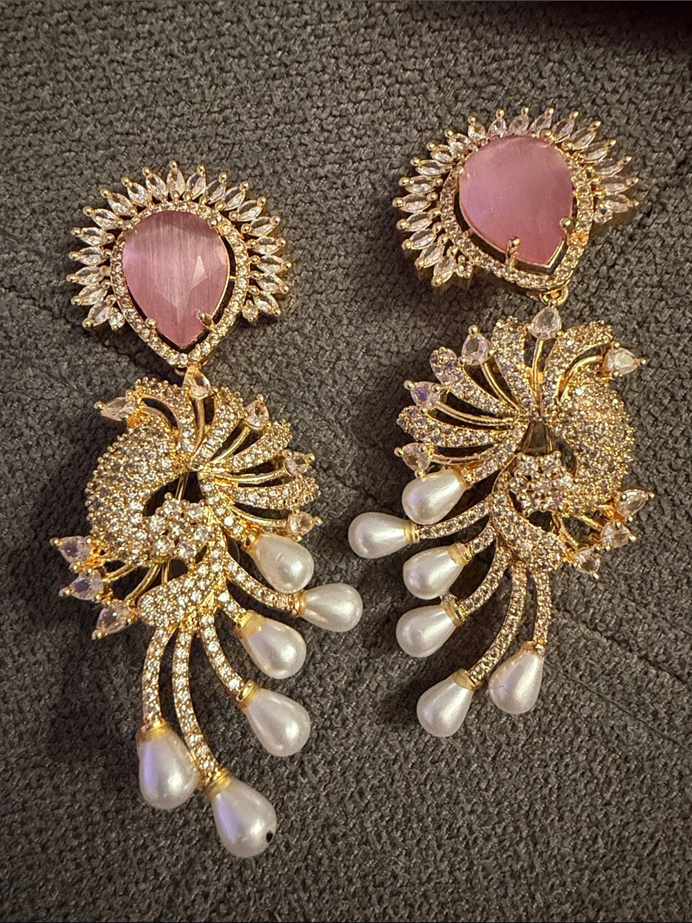 Elegant Gold-Plated Pink Crystal & Pearl Drop Earrings